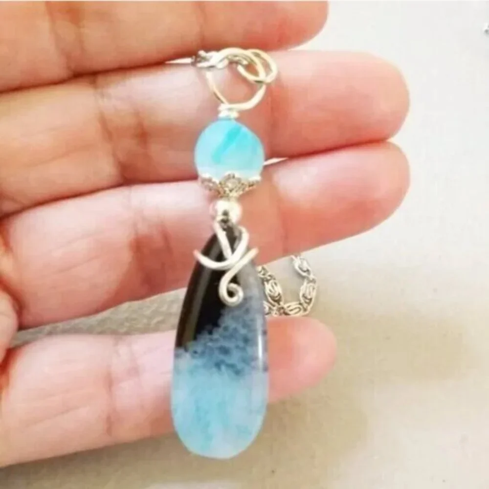 Seafoam Aqua + Black Agate Teardrop Pendant • Boho Beachy Ocean Chic